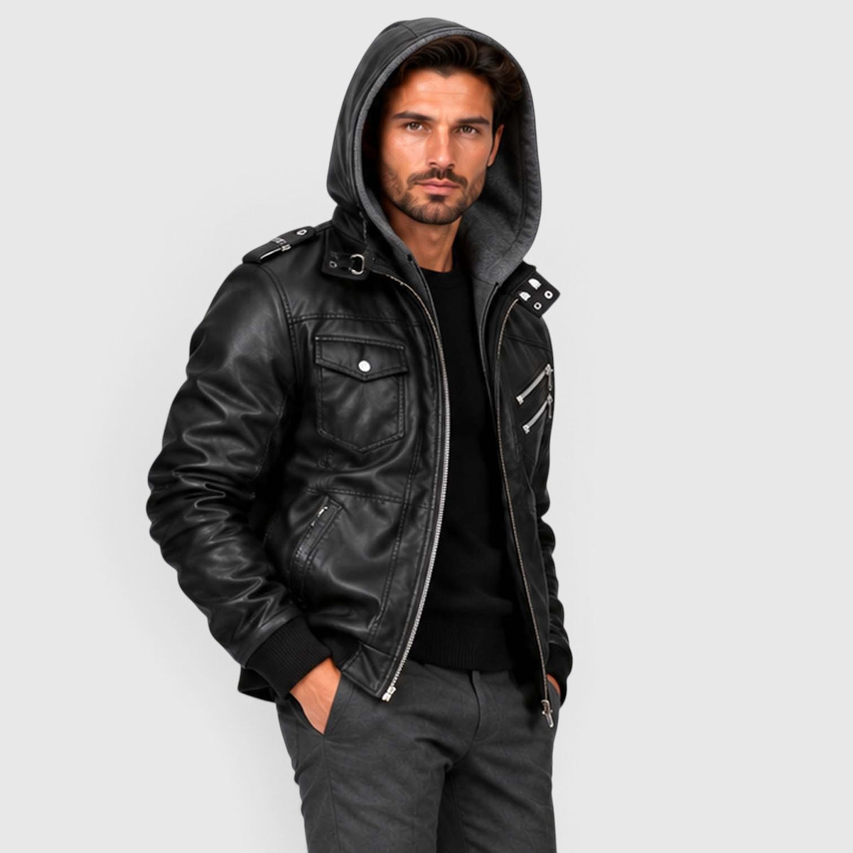 Monvaline | Men's Leather Look Jacket with Detachable Hood for Winter