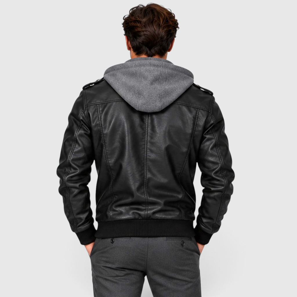 Monvaline | Men's Leather Look Jacket with Detachable Hood for Winter