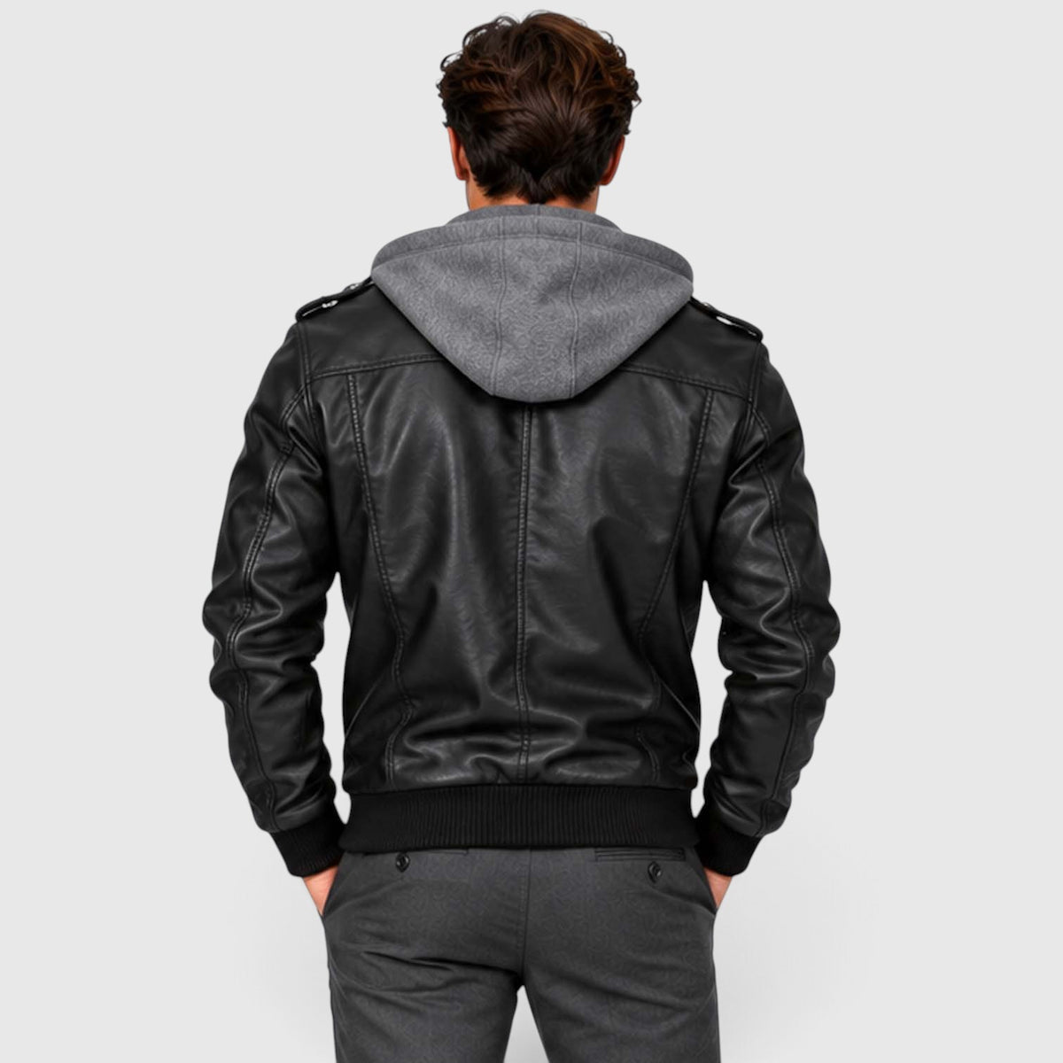 Monvaline | Men's Leather Look Jacket with Detachable Hood for Winter