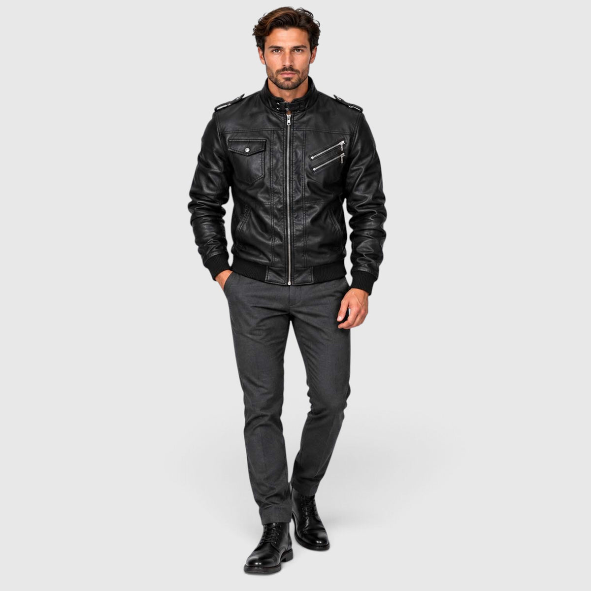 Monvaline | Men's Leather Look Jacket with Detachable Hood for Winter