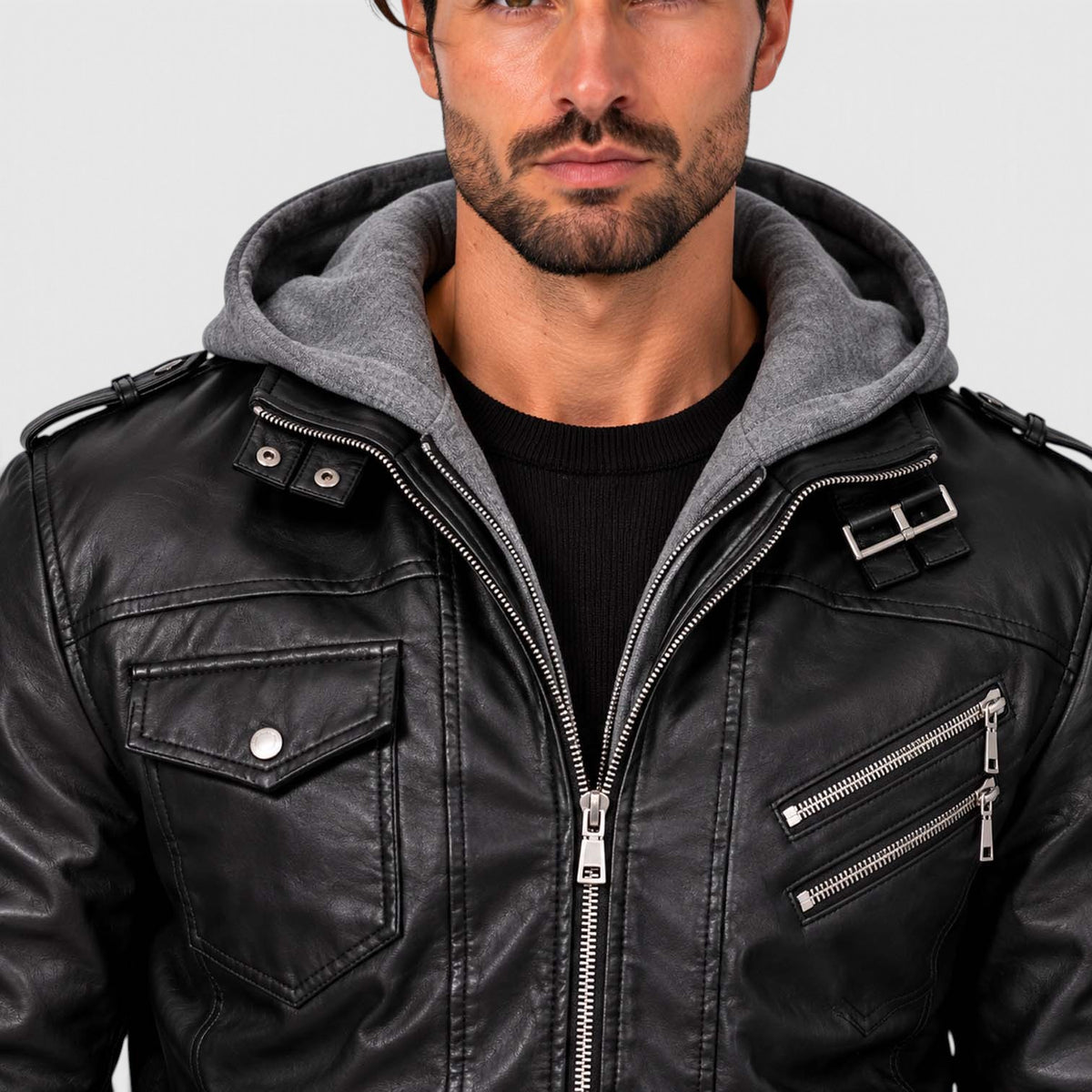 Monvaline | Men's Leather Look Jacket with Detachable Hood for Winter