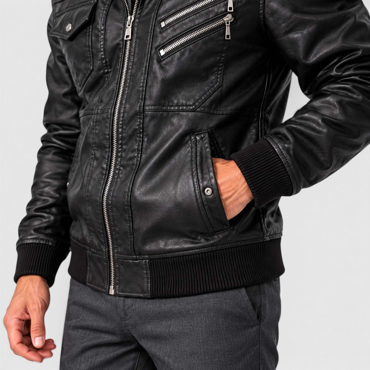 Monvaline | Men's Leather Look Jacket with Detachable Hood for Winter