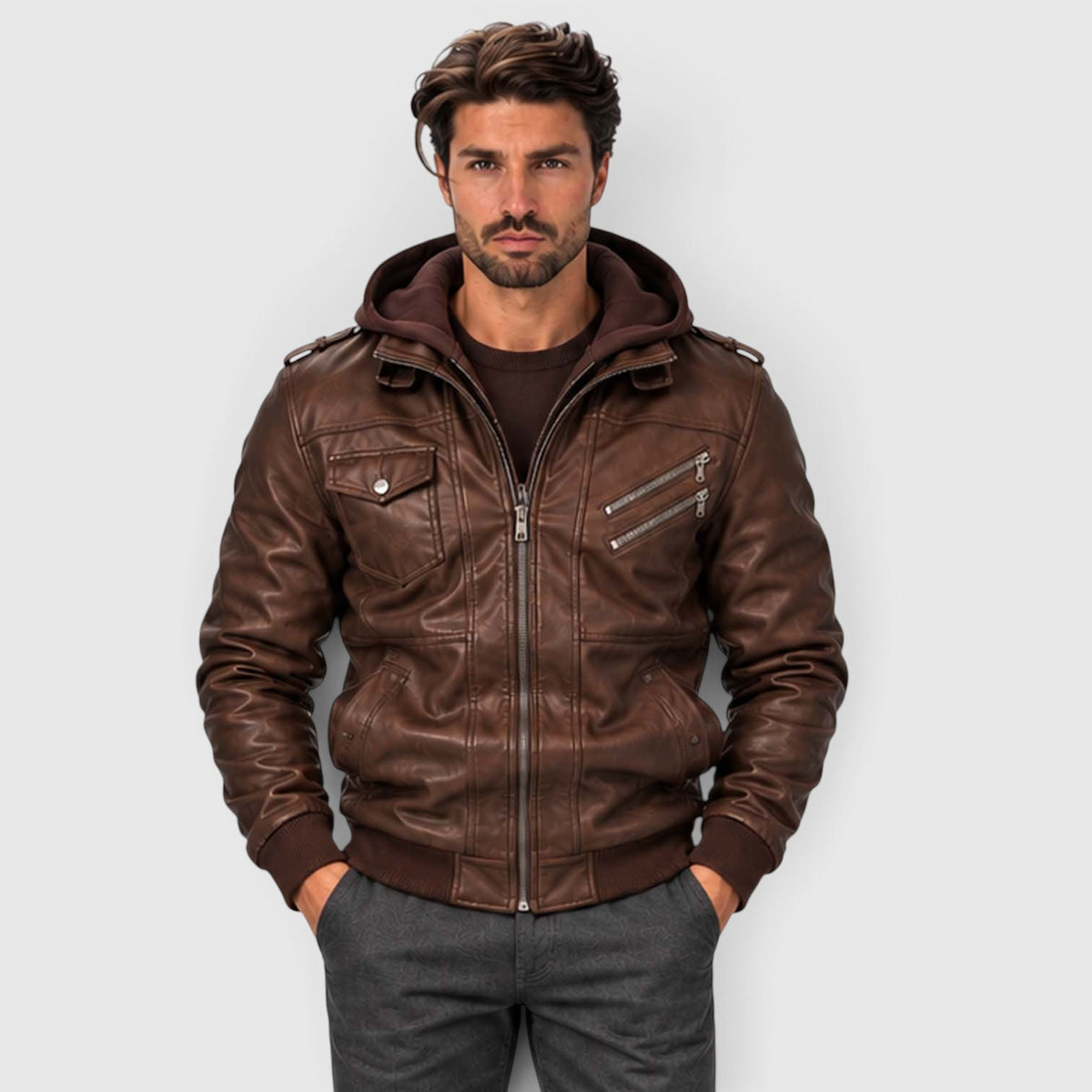 Monvaline | Men's Leather Look Jacket with Detachable Hood for Winter