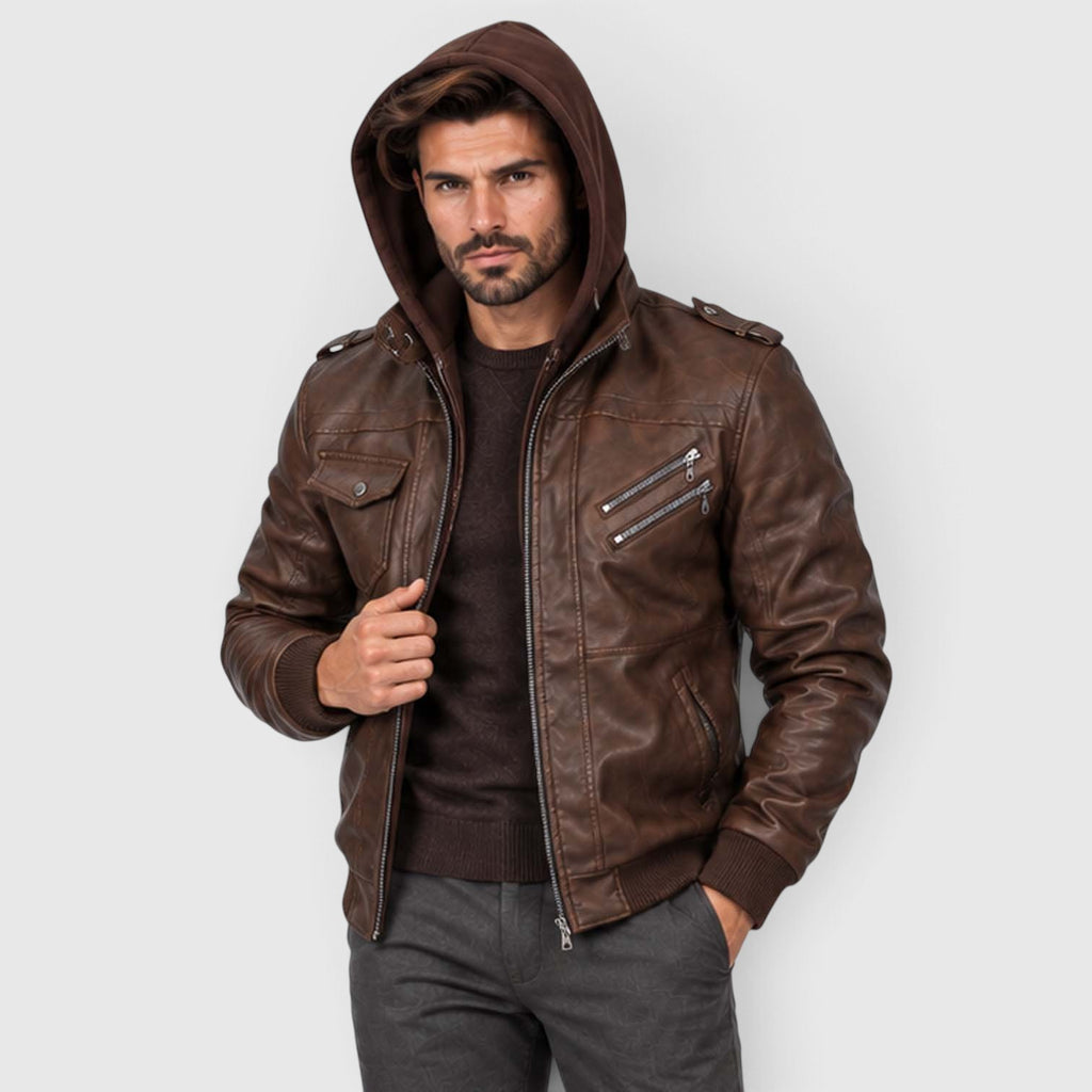 Monvaline | Men's Leather Look Jacket with Detachable Hood for Winter