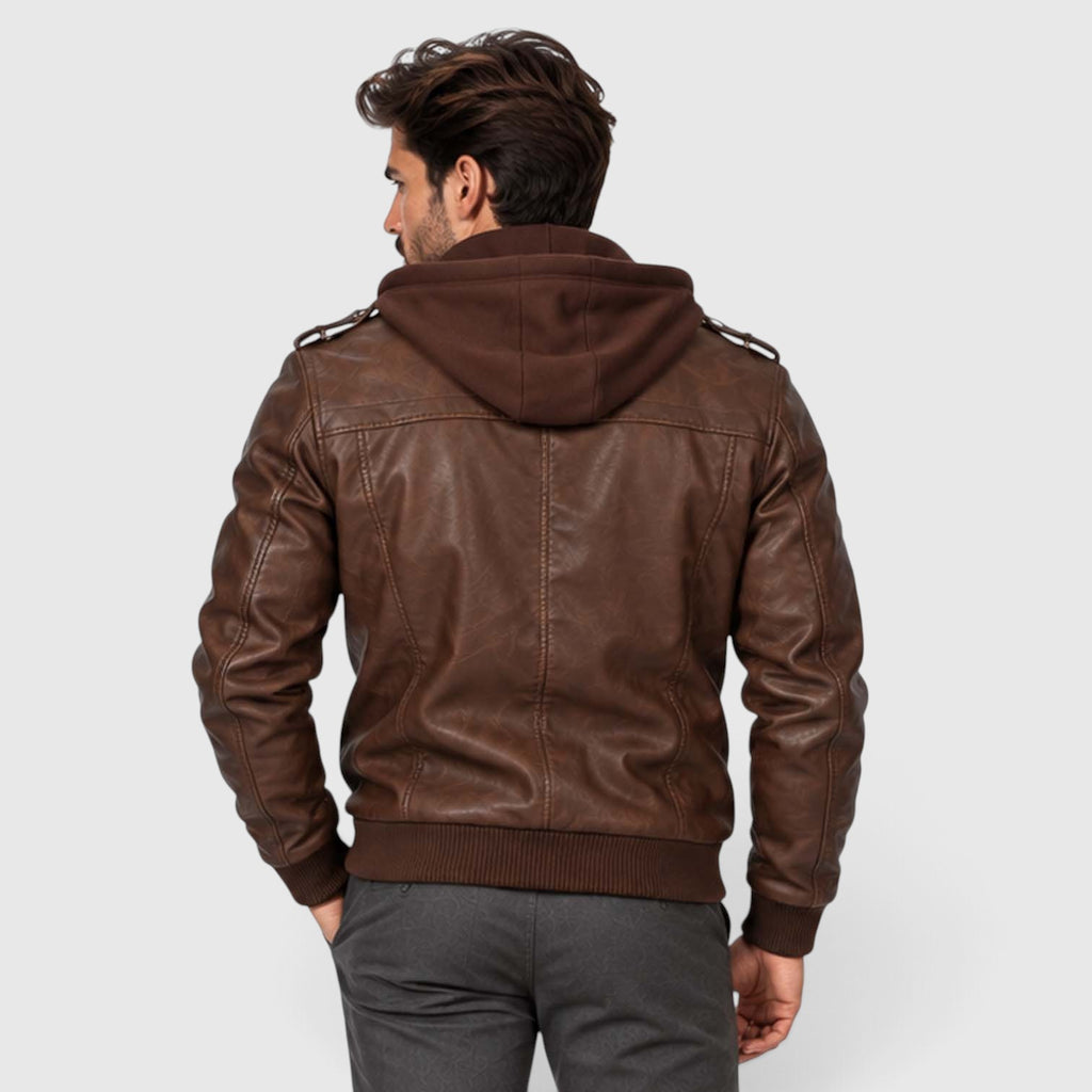 Monvaline | Men's Leather Look Jacket with Detachable Hood for Winter