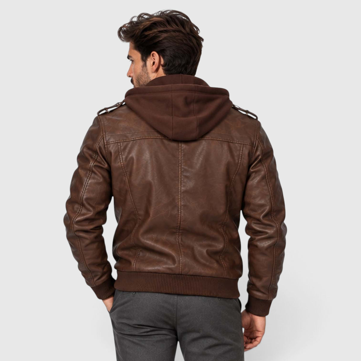 Monvaline | Men's Leather Look Jacket with Detachable Hood for Winter