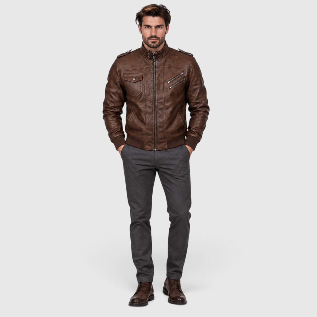 Monvaline | Men's Leather Look Jacket with Detachable Hood for Winter