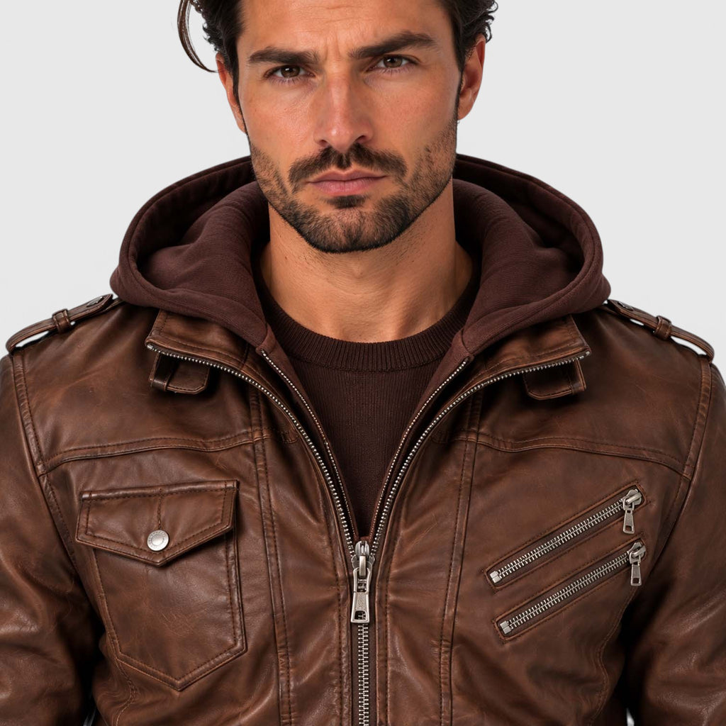 Monvaline | Men's Leather Look Jacket with Detachable Hood for Winter