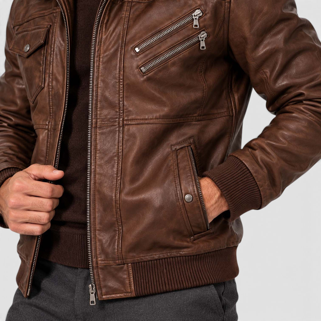 Monvaline | Men's Leather Look Jacket with Detachable Hood for Winter