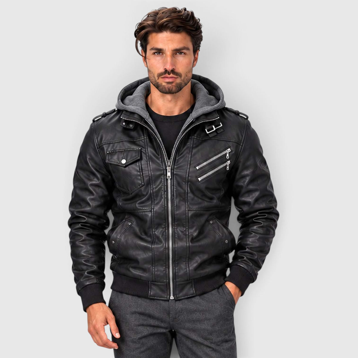 Monvaline | Men's Leather Look Jacket with Detachable Hood for Winter