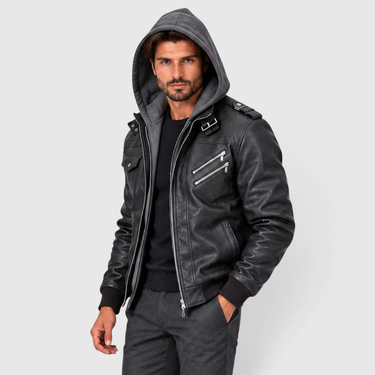 Monvaline | Men's Leather Look Jacket with Detachable Hood for Winter