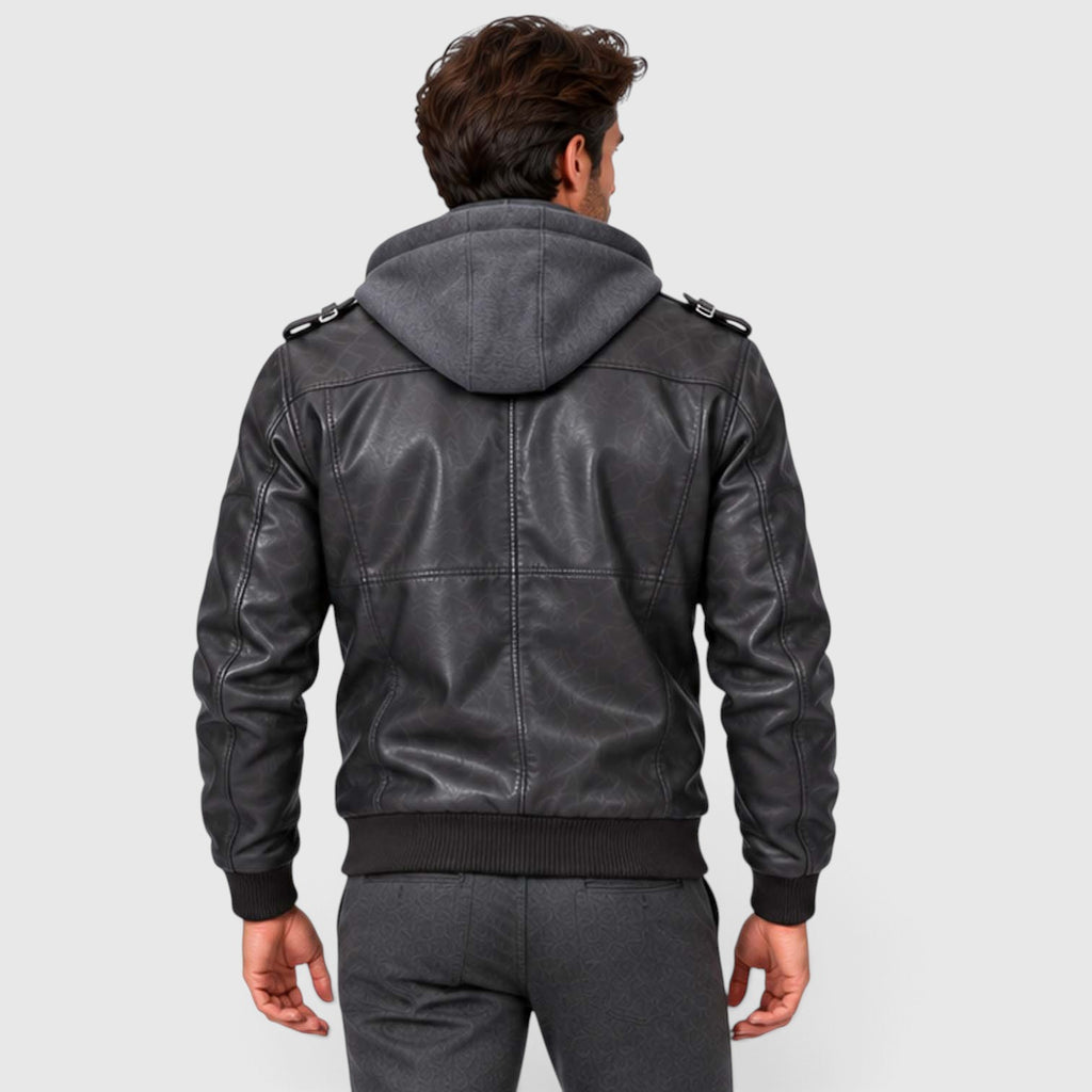 Monvaline | Men's Leather Look Jacket with Detachable Hood for Winter