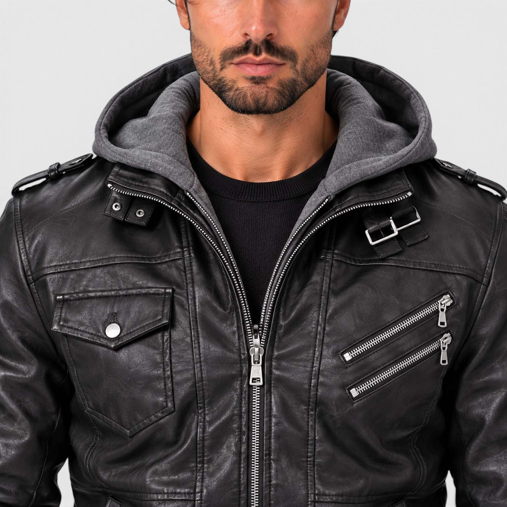Monvaline | Men's Leather Look Jacket with Detachable Hood for Winter