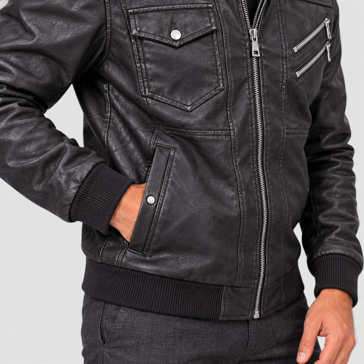 Monvaline | Men's Leather Look Jacket with Detachable Hood for Winter