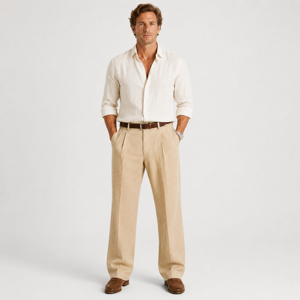Monvaline | Men's Linen Smart Casual Trousers Straight Leg Loose Fit