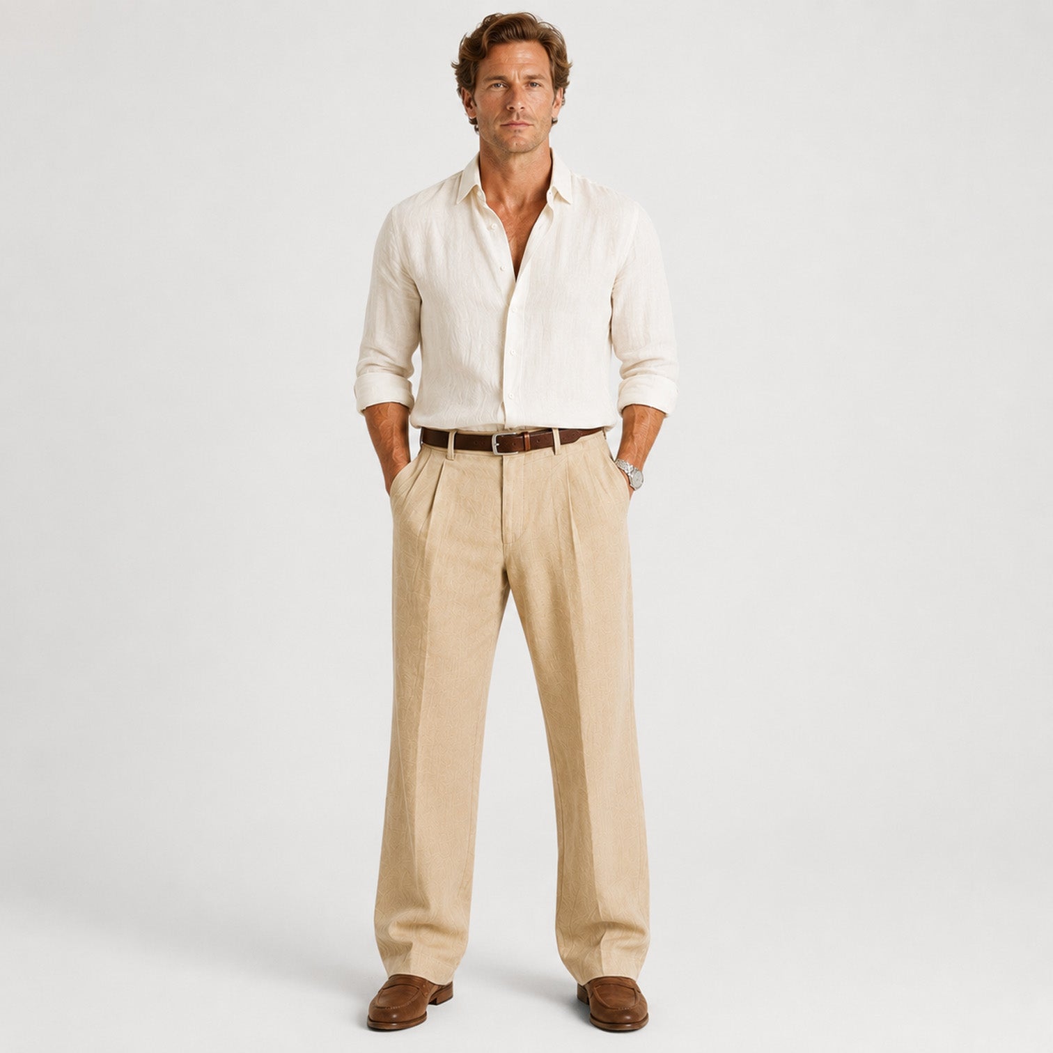 Monvaline | Men's Linen Smart Casual Trousers Straight Leg Loose Fit