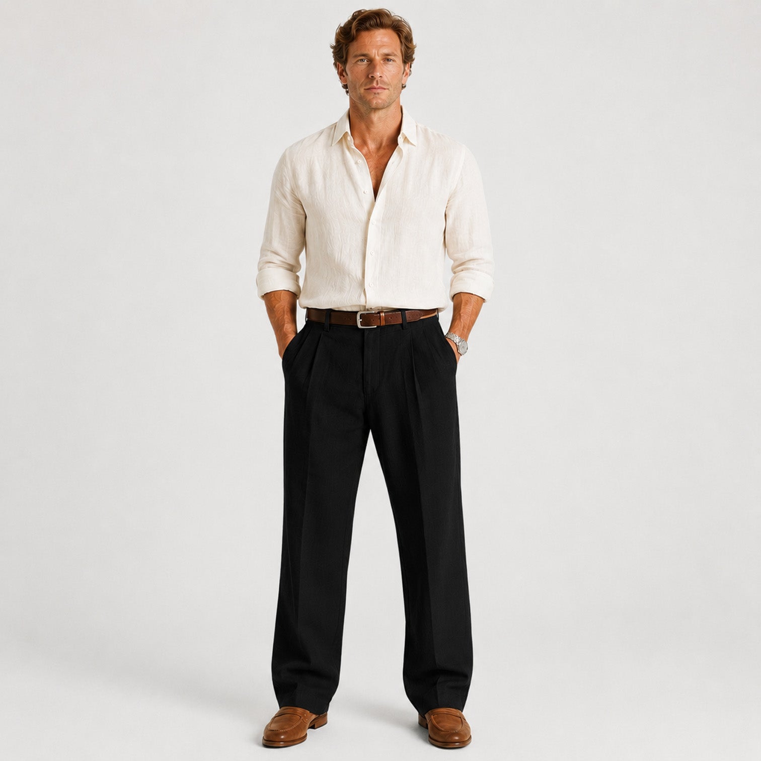 Monvaline | Men's Linen Smart Casual Trousers Straight Leg Loose Fit