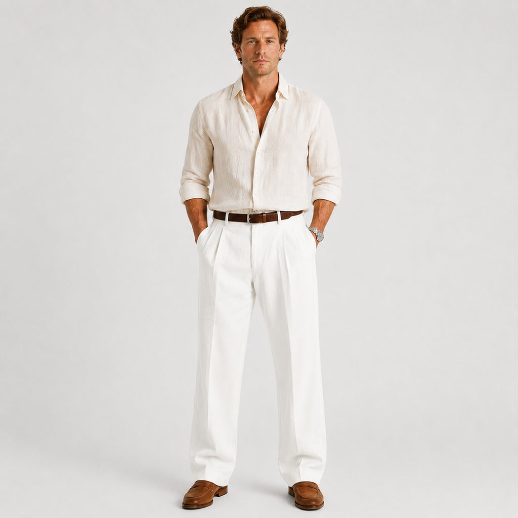 Monvaline | Men's Linen Smart Casual Trousers Straight Leg Loose Fit