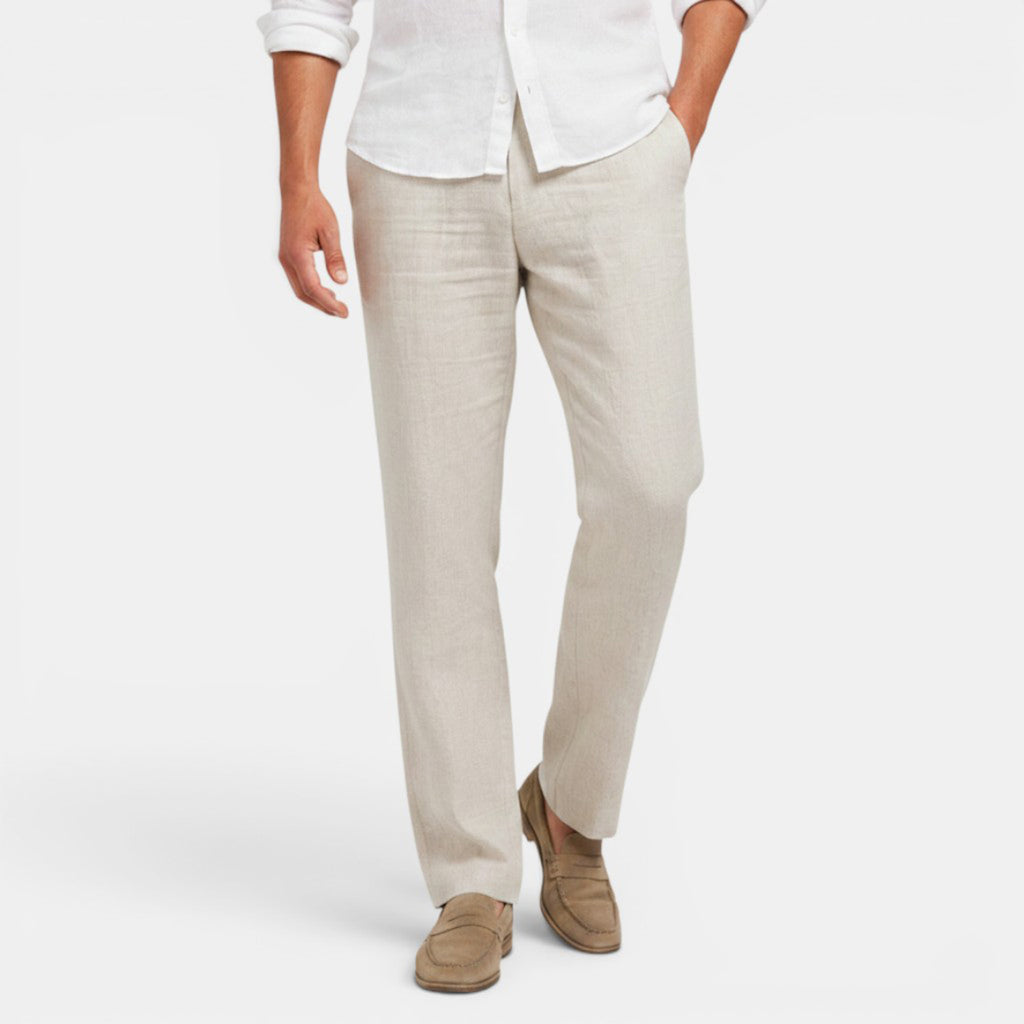 Monvaline | Men's Linen Straight Leg Drawstring Pants Casual Mid Waist Khaki