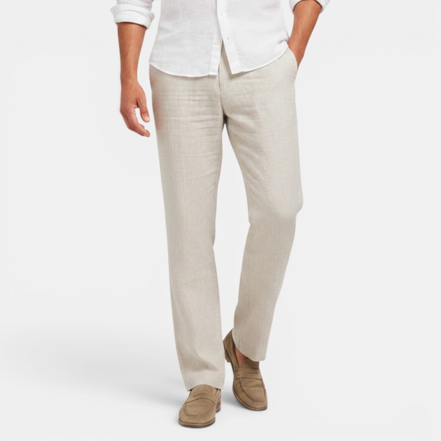 Monvaline | Men's Linen Straight Leg Drawstring Pants Casual Mid Waist Khaki