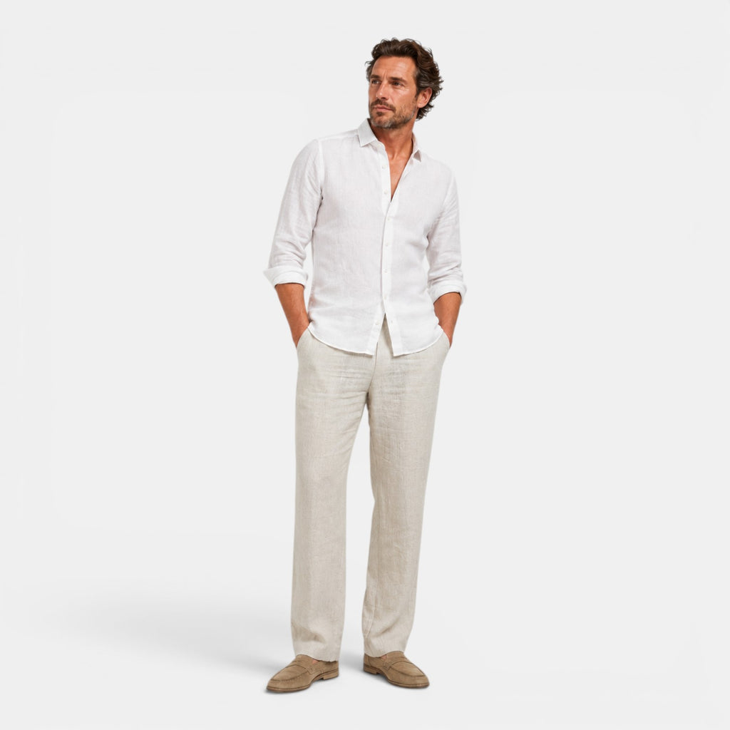 Monvaline | Men's Linen Straight Leg Drawstring Pants Casual Mid Waist Khaki