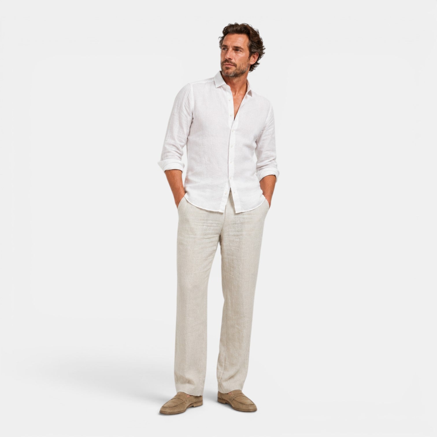 Monvaline | Men's Linen Straight Leg Drawstring Pants Casual Mid Waist Khaki