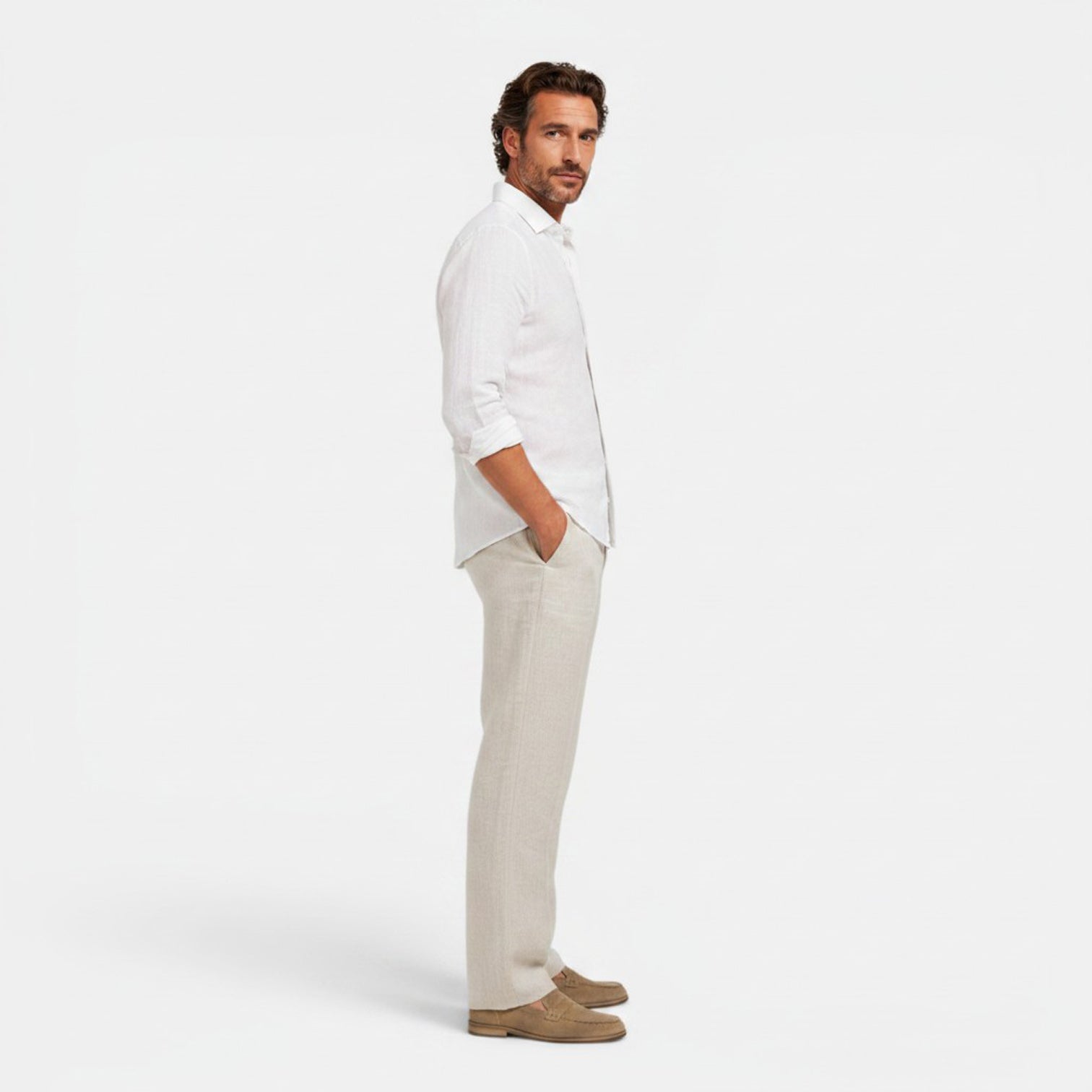 Monvaline | Men's Linen Straight Leg Drawstring Pants Casual Mid Waist Khaki