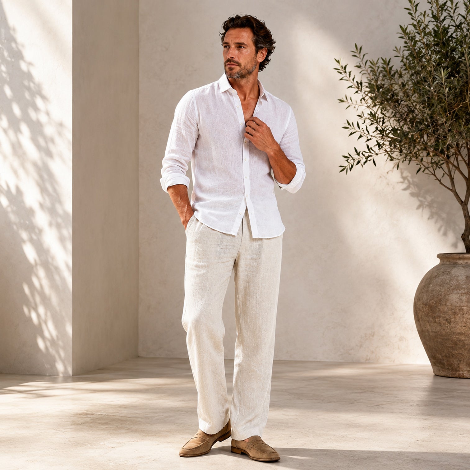 Monvaline | Men's Linen Straight Leg Drawstring Pants Casual Mid Waist Khaki