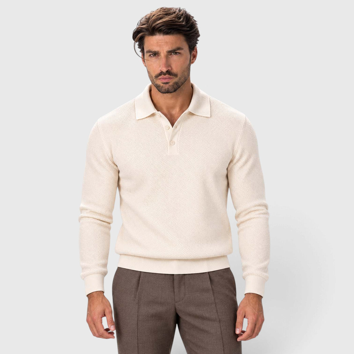 Monvaline | Men's Long Sleeve Jacquard Knit Polo Shirt Slim Fit