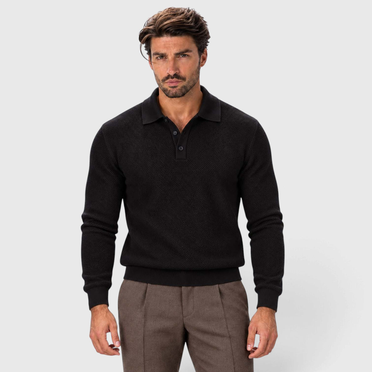 Monvaline | Men's Long Sleeve Jacquard Knit Polo Shirt Slim Fit