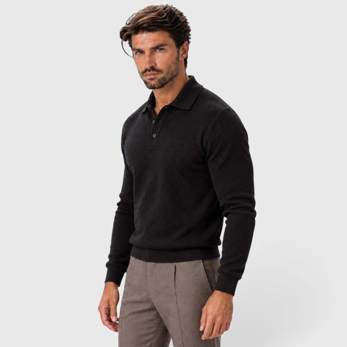 Monvaline | Men's Long Sleeve Jacquard Knit Polo Shirt Slim Fit