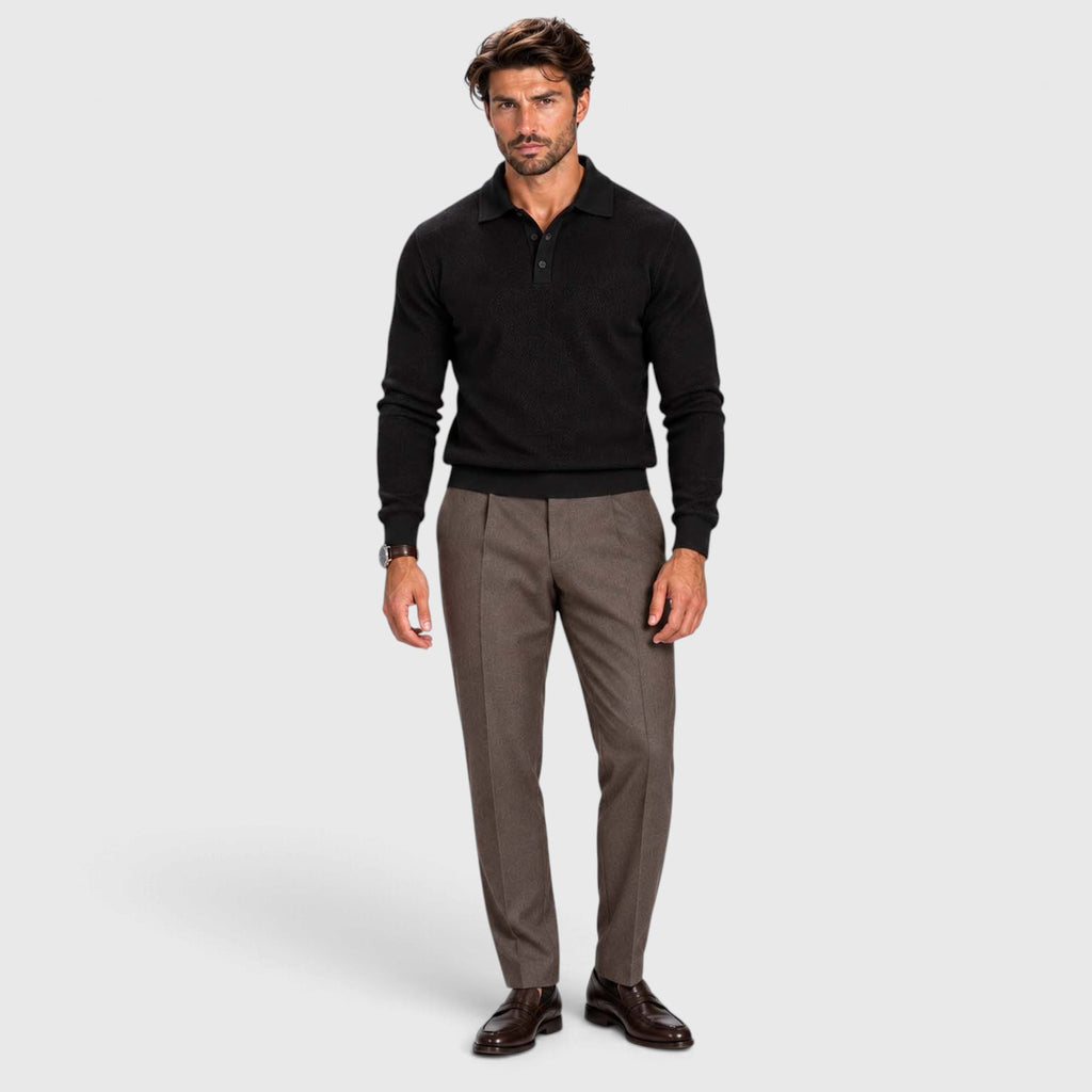 Monvaline | Men's Long Sleeve Jacquard Knit Polo Shirt Slim Fit