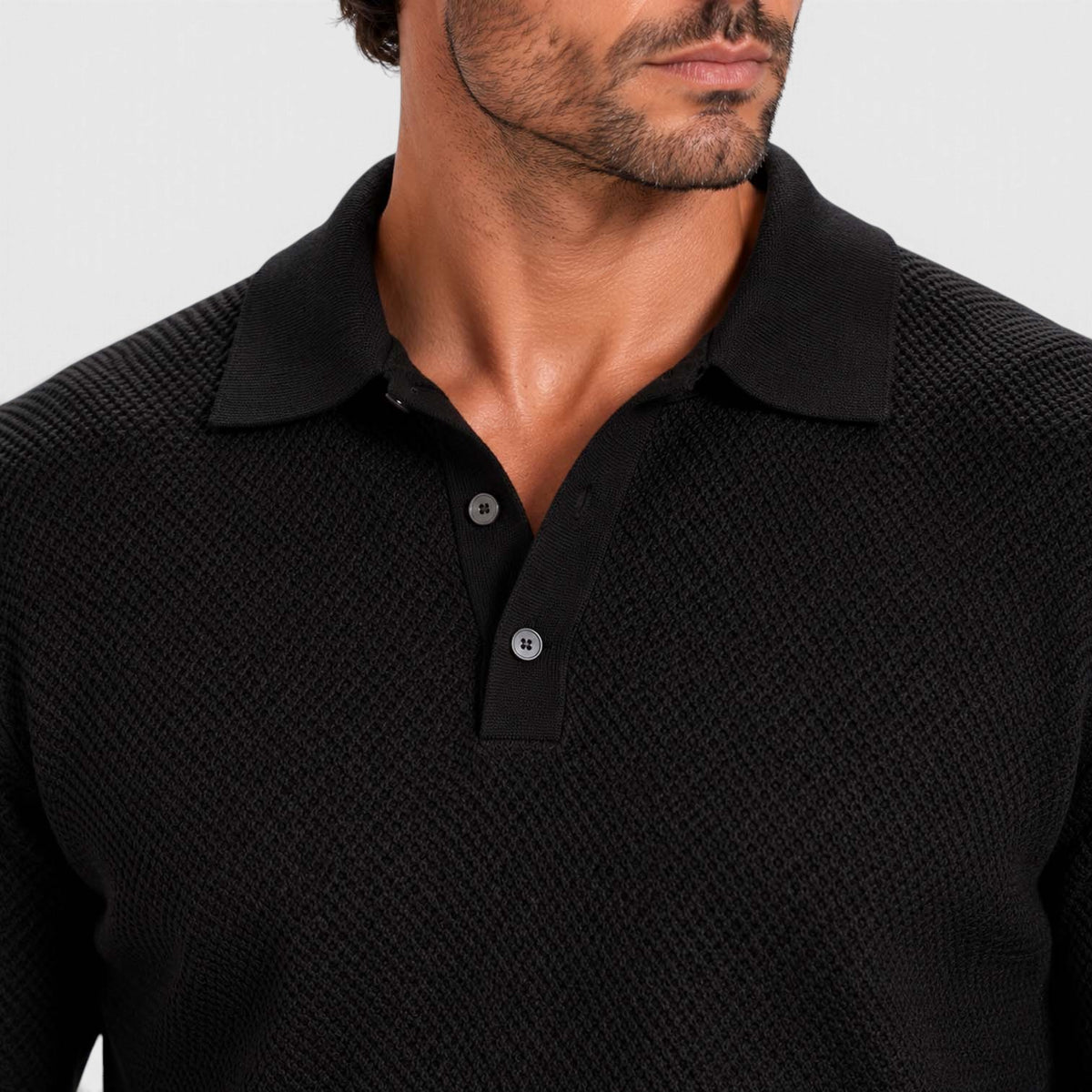 Monvaline | Men's Long Sleeve Jacquard Knit Polo Shirt Slim Fit