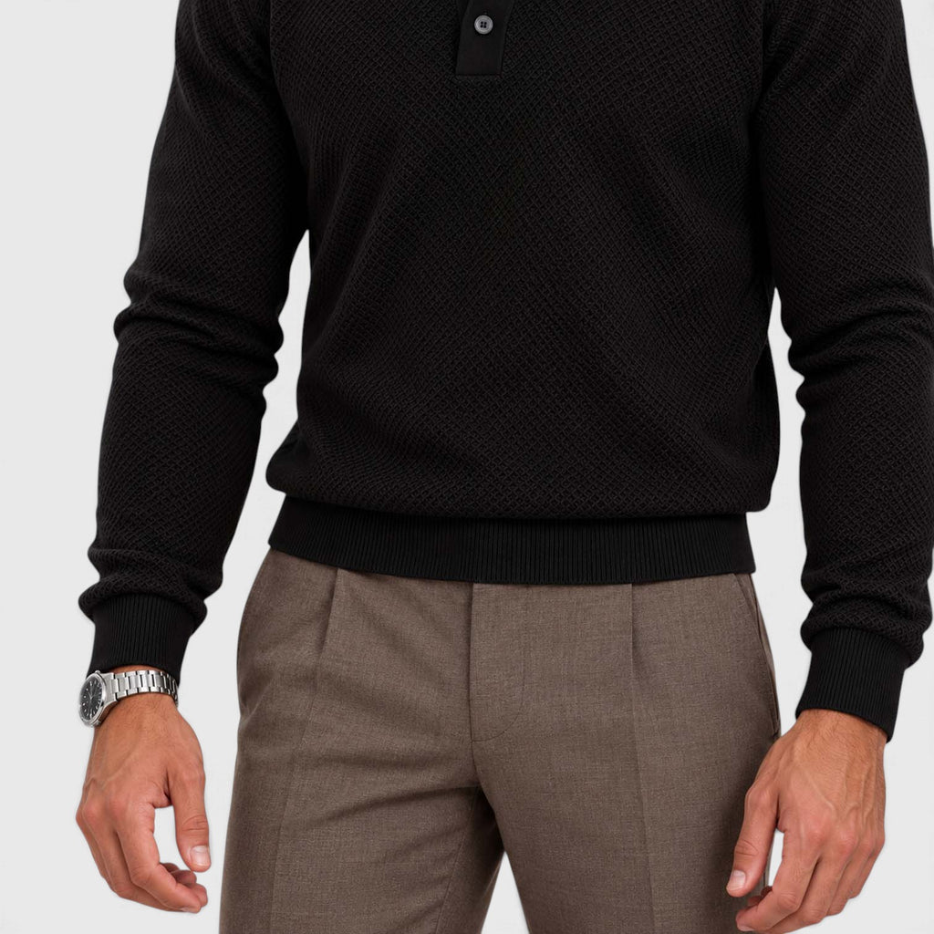 Monvaline | Men's Long Sleeve Jacquard Knit Polo Shirt Slim Fit