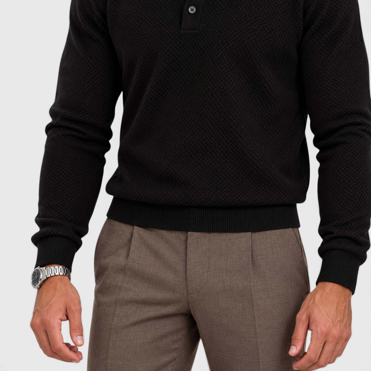 Monvaline | Men's Long Sleeve Jacquard Knit Polo Shirt Slim Fit