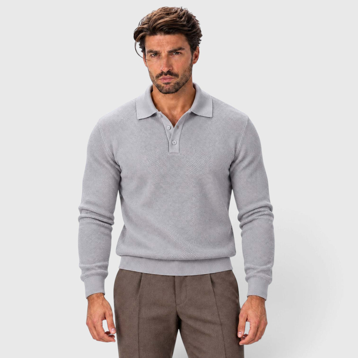 Monvaline | Men's Long Sleeve Jacquard Knit Polo Shirt Slim Fit
