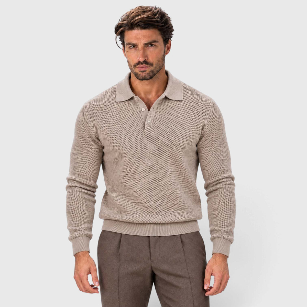 Monvaline | Men's Long Sleeve Jacquard Knit Polo Shirt Slim Fit