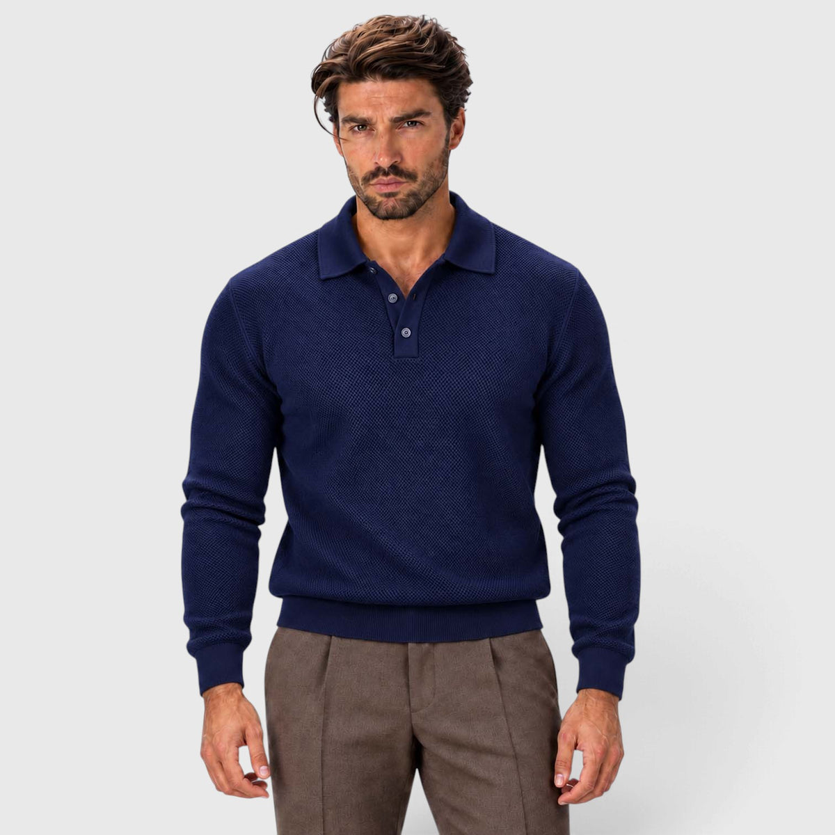 Monvaline | Men's Long Sleeve Jacquard Knit Polo Shirt Slim Fit
