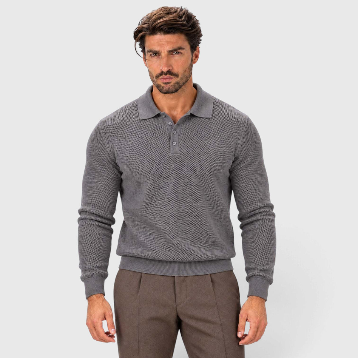Monvaline | Men's Long Sleeve Jacquard Knit Polo Shirt Slim Fit