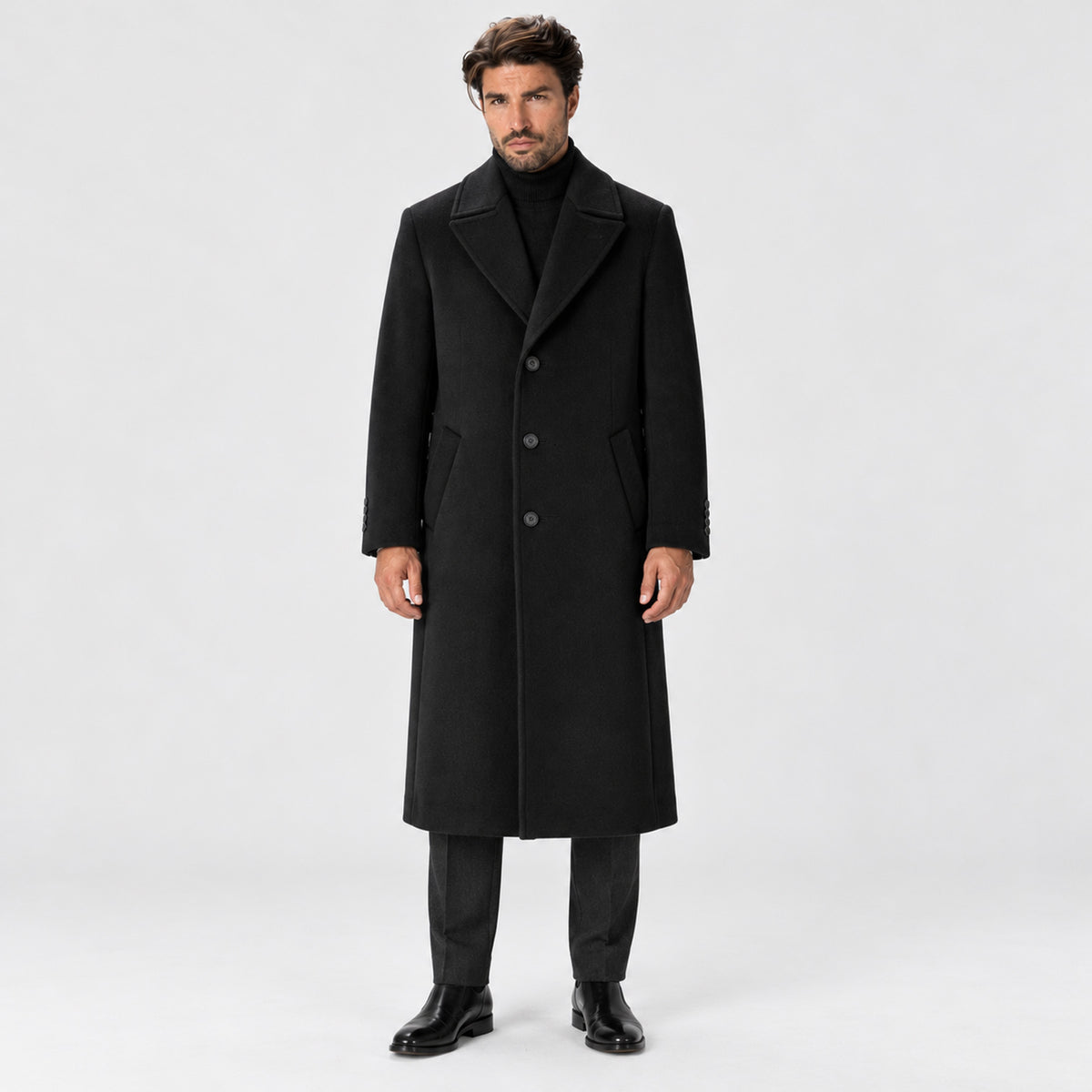 Monvaline | Men's Long Wool Blend Winter Overcoat – Black