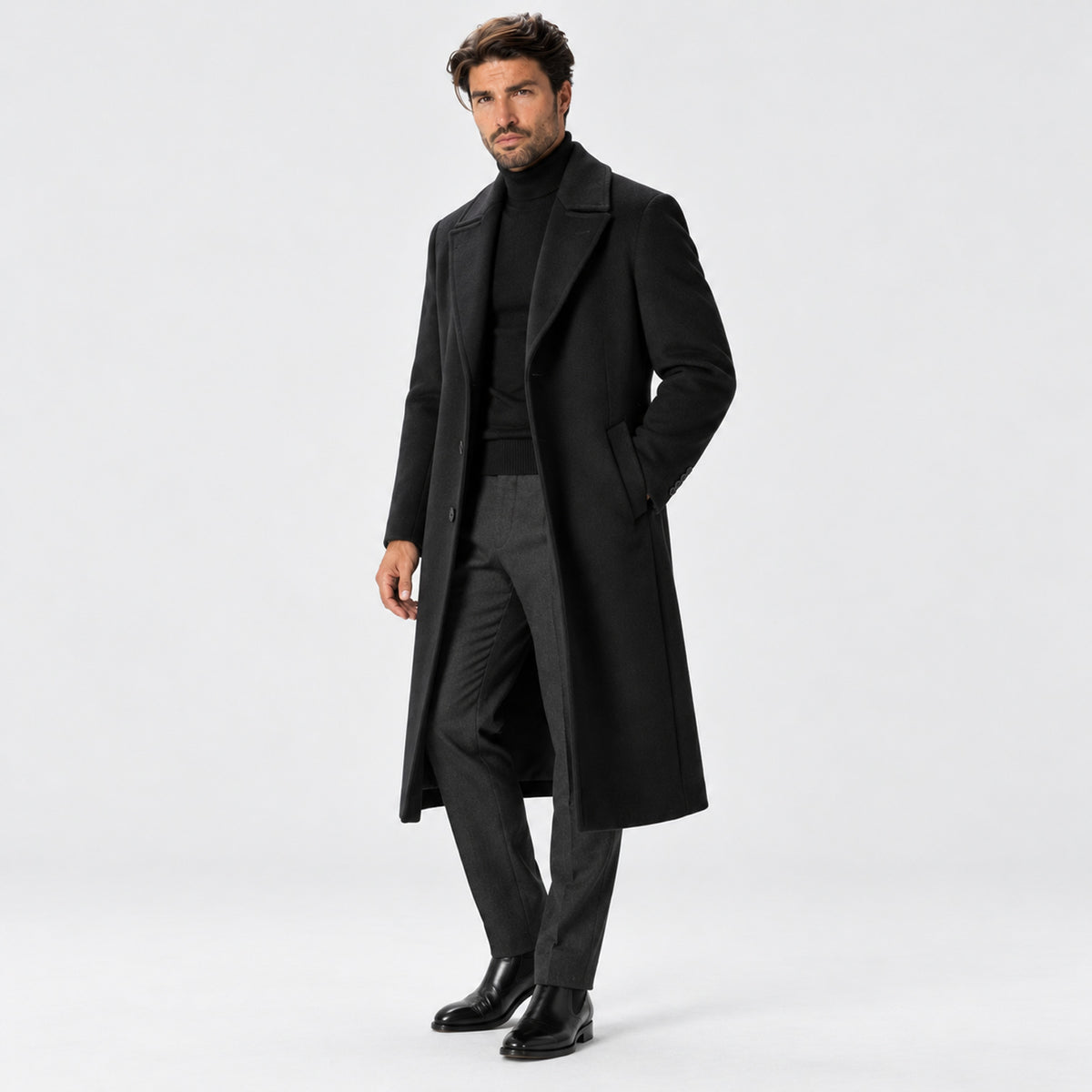 Monvaline | Men's Long Wool Blend Winter Overcoat – Black