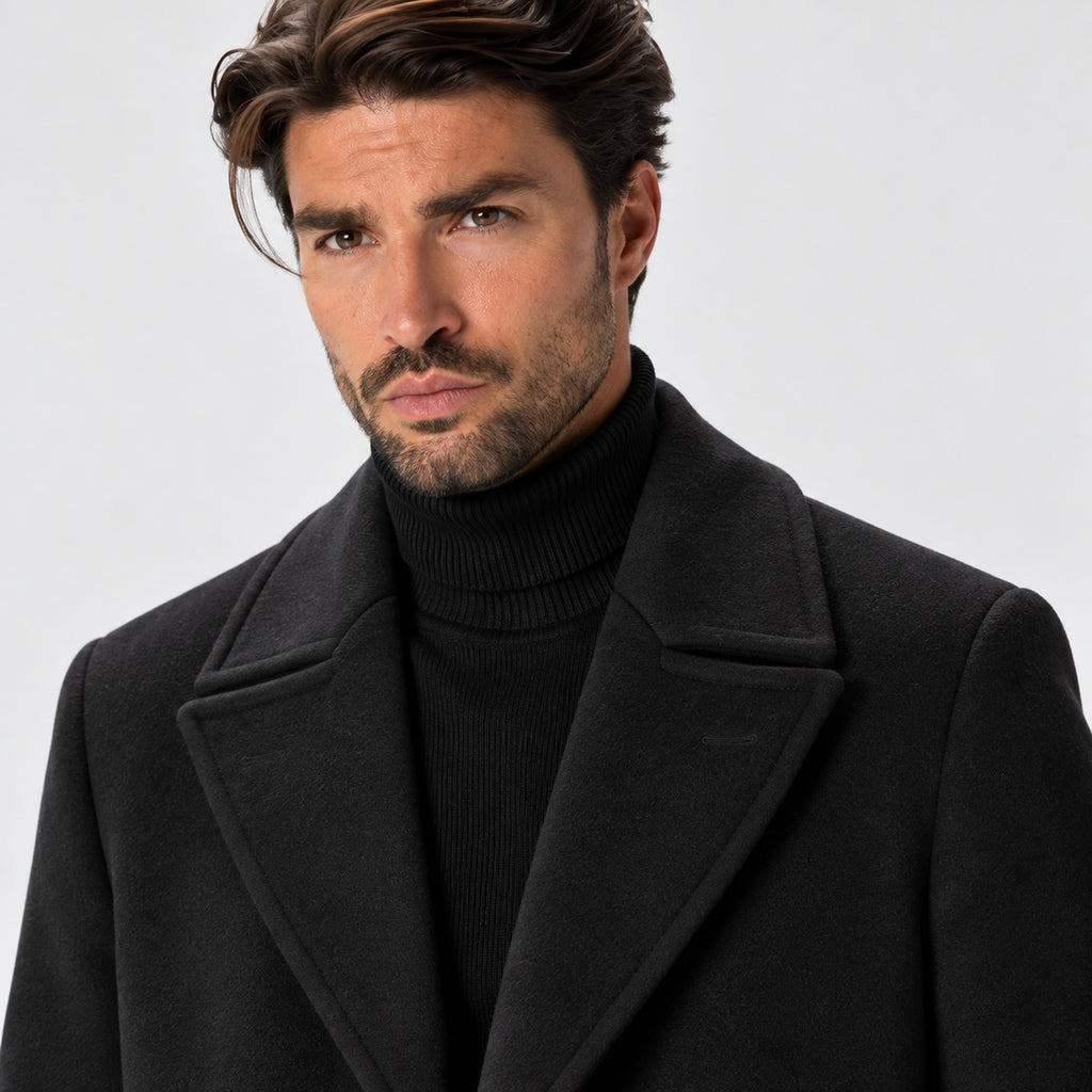 Monvaline | Men's Long Wool Blend Winter Overcoat – Black