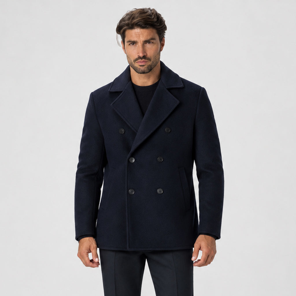 Monvaline | Men's Navy Wool Blend Peacoat – Warm Winter Coat