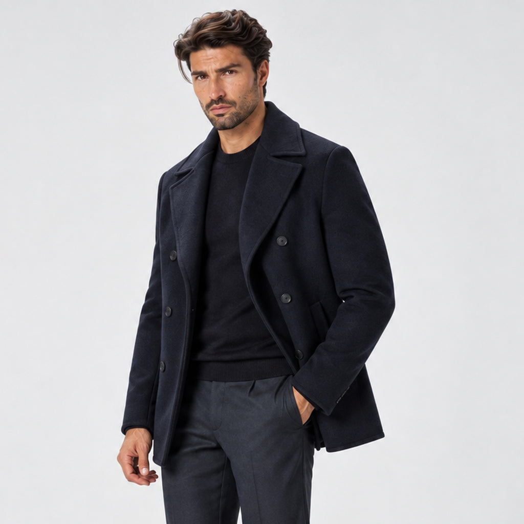 Monvaline | Men's Navy Wool Blend Peacoat – Warm Winter Coat