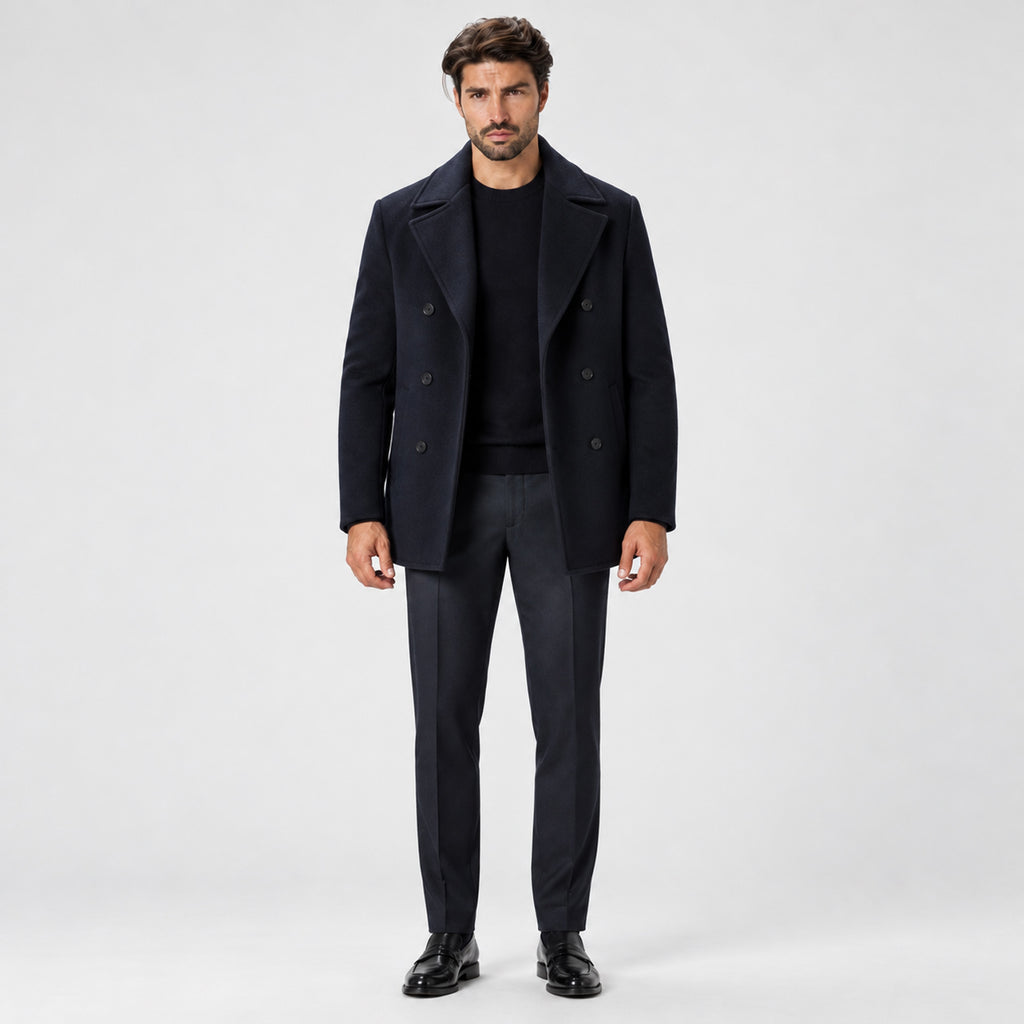 Monvaline | Men's Navy Wool Blend Peacoat – Warm Winter Coat