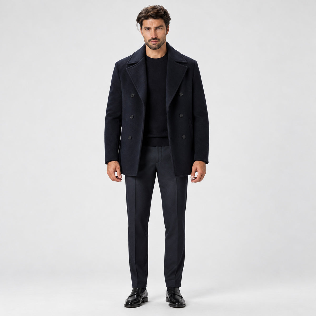 Monvaline | Men's Navy Wool Blend Peacoat – Warm Winter Coat