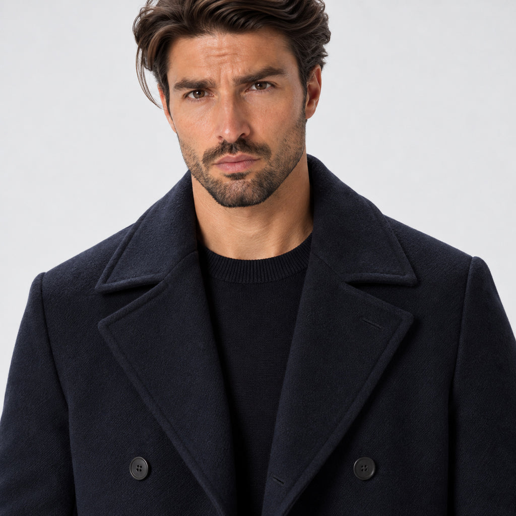 Monvaline | Men's Navy Wool Blend Peacoat – Warm Winter Coat