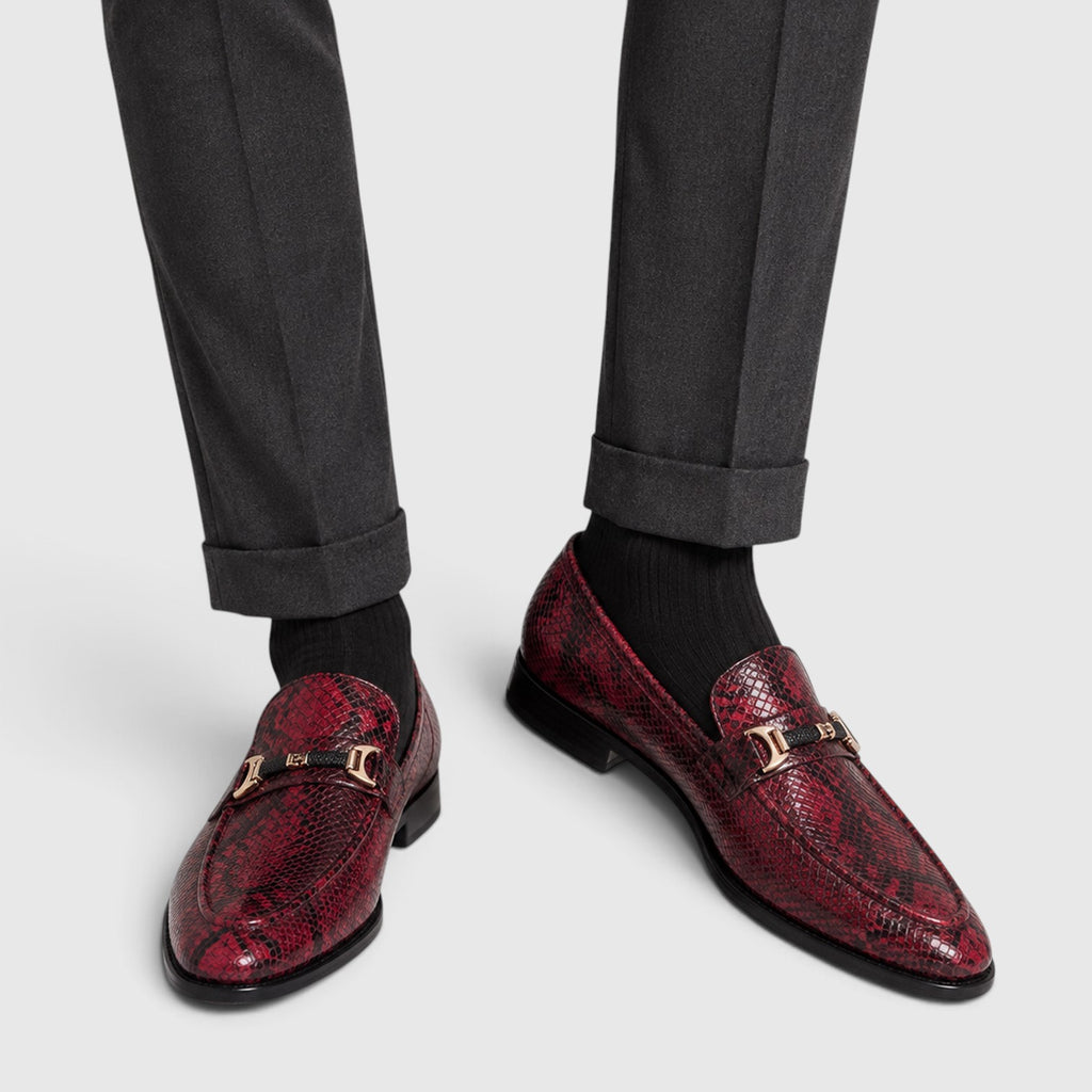 Monvaline | Men's Pointed Toe Leather Loafers – Textured Slip-On Dress Shoes