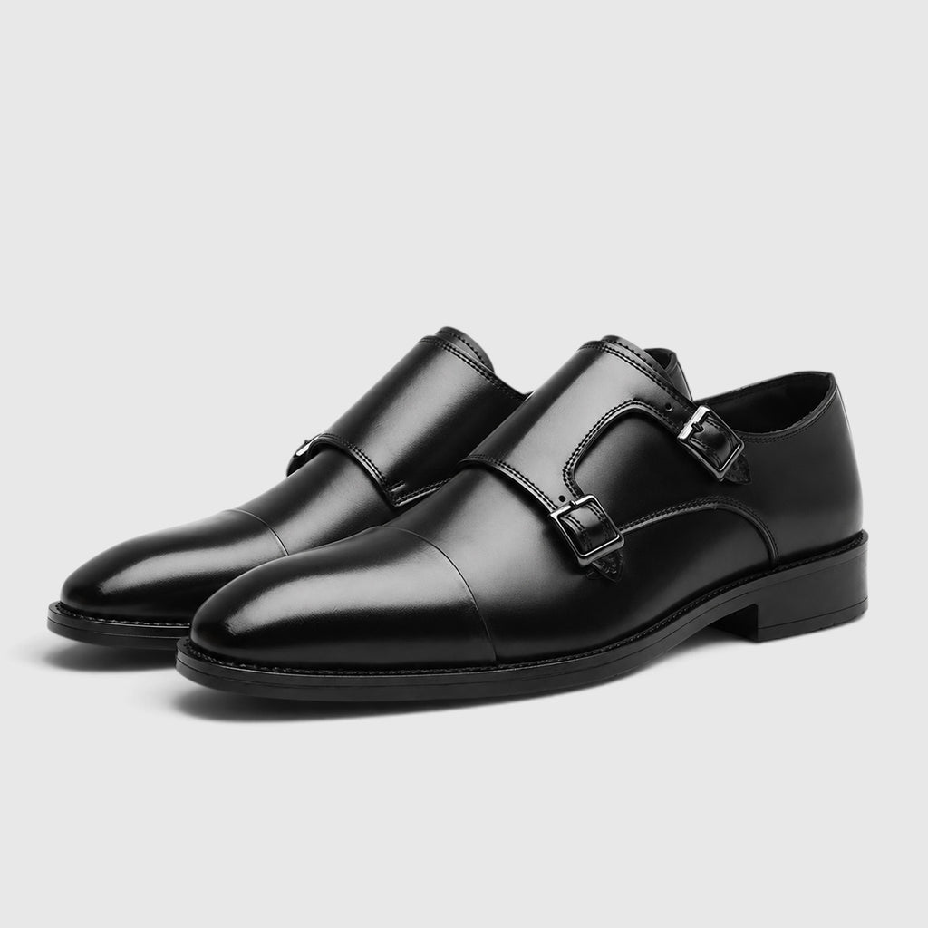 Monvaline | Men's Premium Black Leather Double Monk Strap Oxford Shoes