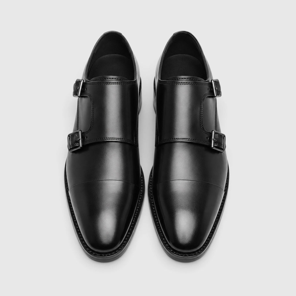 Monvaline | Men's Premium Black Leather Double Monk Strap Oxford Shoes